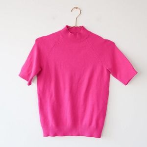 Bright Hot Pink Mock Turtleneck Sweater Top Short Sleeve XS/SM